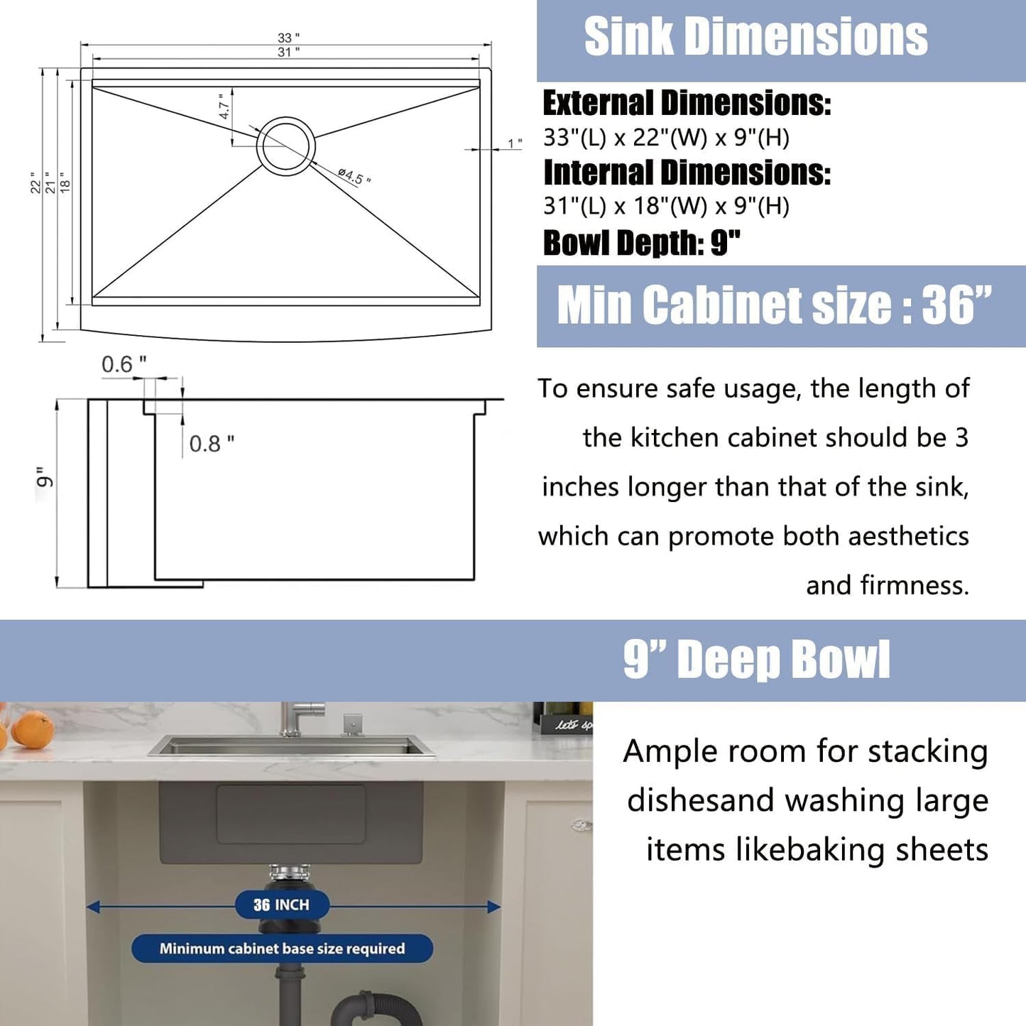 Farmhouse Sink 33 Inch, 33x22 Inch Apron Front Farmhouse Kitchen Sink, 16 Gauge Stainless Steel Undermount Ledge Workstation Deep Single Bowl Luxury Rustic Farm Sinks with All Accessories