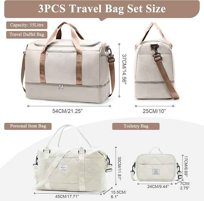 Extra Large Travel Duffle Bag,Carry on Overnight Bag with Shoes Compartment,Weekender Bags for Women for Travel Business Trips Sport Hospital,3 Pcs Set,Beige & Brown