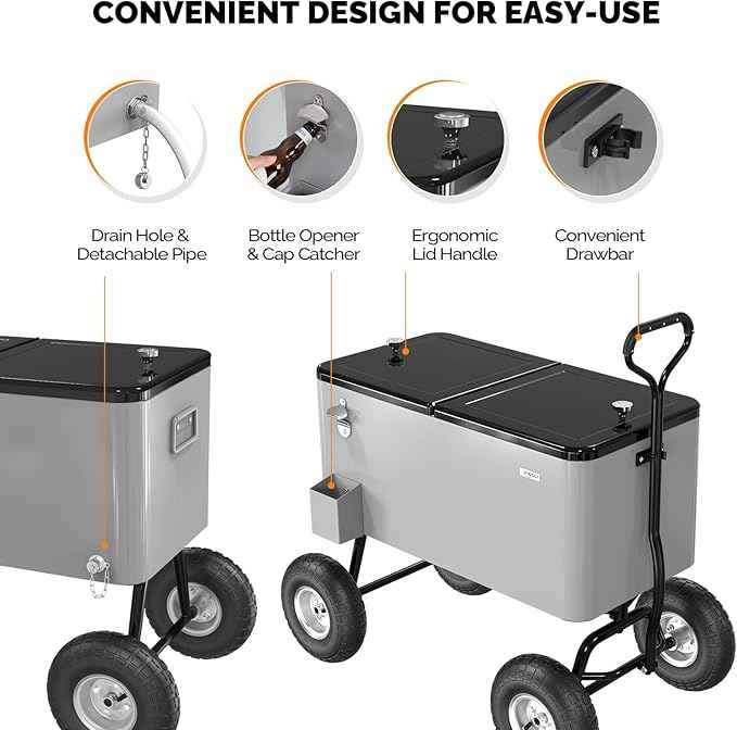 VINGLI 80 Quart Wagon Rolling Cooler Ice Chest, w/Long Handle and 10" Wheels, Portable Beach Patio Party Bar Cold Drink Beverage, Outdoor Park Cart on Wheels