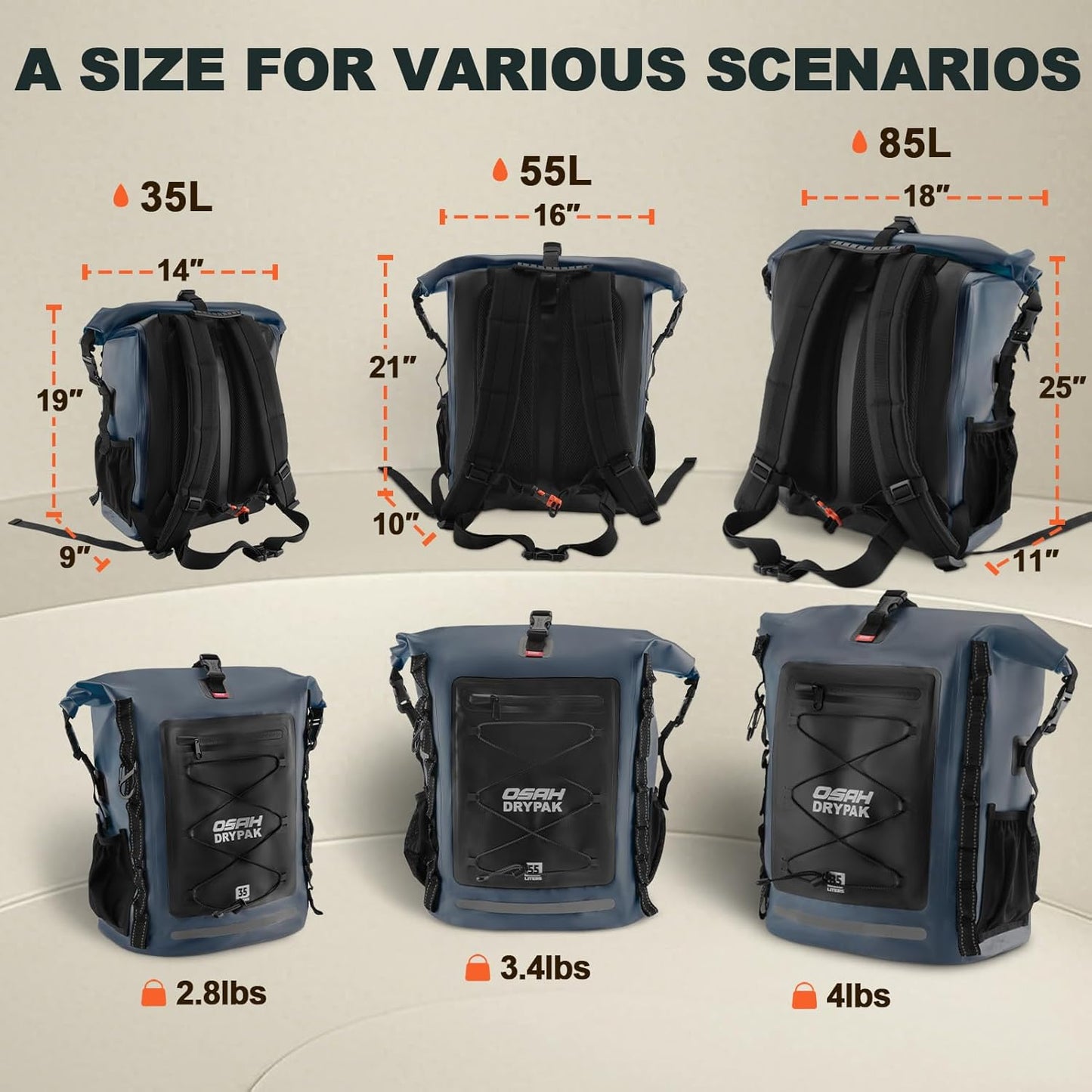 Waterproof Backpack Dry Bag 35L/55L/85L – Heavy Duty Roll-Top Hiking Backpack Sack Keeps Gear Dry for Travel, Kayaking, Boating, Camping, Rafting and Fishing