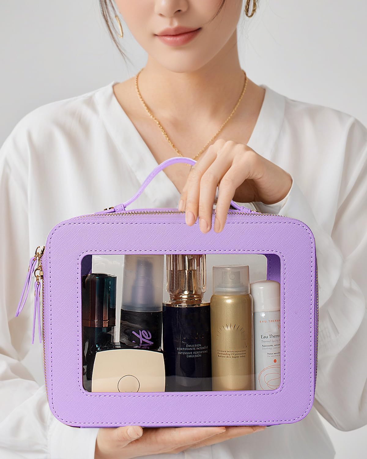 Travel Clear Makeup Bag Set, TSA Approved Cosmetic Bag Case with Zipper Portable Makeup Pouch Toiletry Bag Women Traveling Cosmetic Organizer Storage Bag Car Organizer Car Essentials for Women