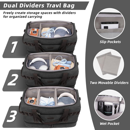 ZOMFELT Travel Duffle Bag for Men, Waterproof Canvas Overnight Duffel Bag with Removable Dividers & Shoe Compartment, Carry On Weekender Gym bag, Multi-Pocket & Vintage Design (Washed Black) - Roamly