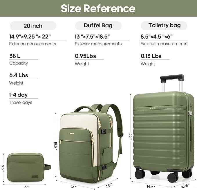 Luggage Sets 3 Piece, Carry On Luggage 20In With Spinner Wheels,PC Hardside Suitcase Set with TSA Lock,Durable Carry On Suitcase With Travel Backpack for Men (Military Green, 3 piece set (BP/20inch))