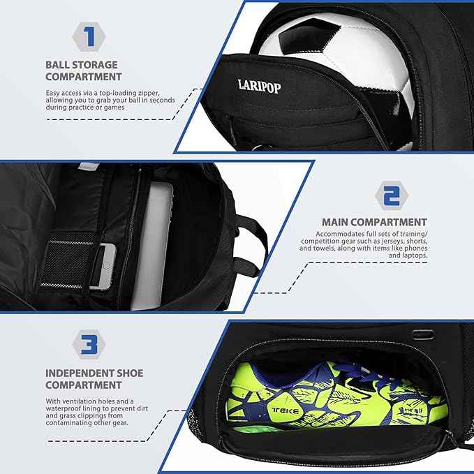 LARIPOP Soccer Backpack Soccer Bag with Ball Holder & Shoe Compartment Youth Sports Equipment Training Bag