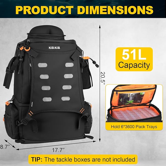 Kalkal Fishing Tackle Backpack, 51L Water-Resistant Fishing Backpack with Cooler & 4 Rod Holder, Sunglasses Pocket, Fishing Tackle Bag Storage Fishing Gear, Fishing Gifts for Men Father