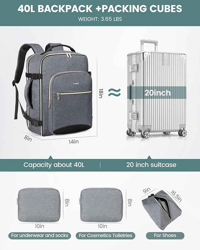 LOVEVOOK Travel Backpack for Women & Men 40L,Airline Approved Carry On Backpack Travel Essentials,TSA Carry on Luggage,Waterproof Personal Item Travel Bag,Suitcase with 3 Packing Cubes,Gray-Black