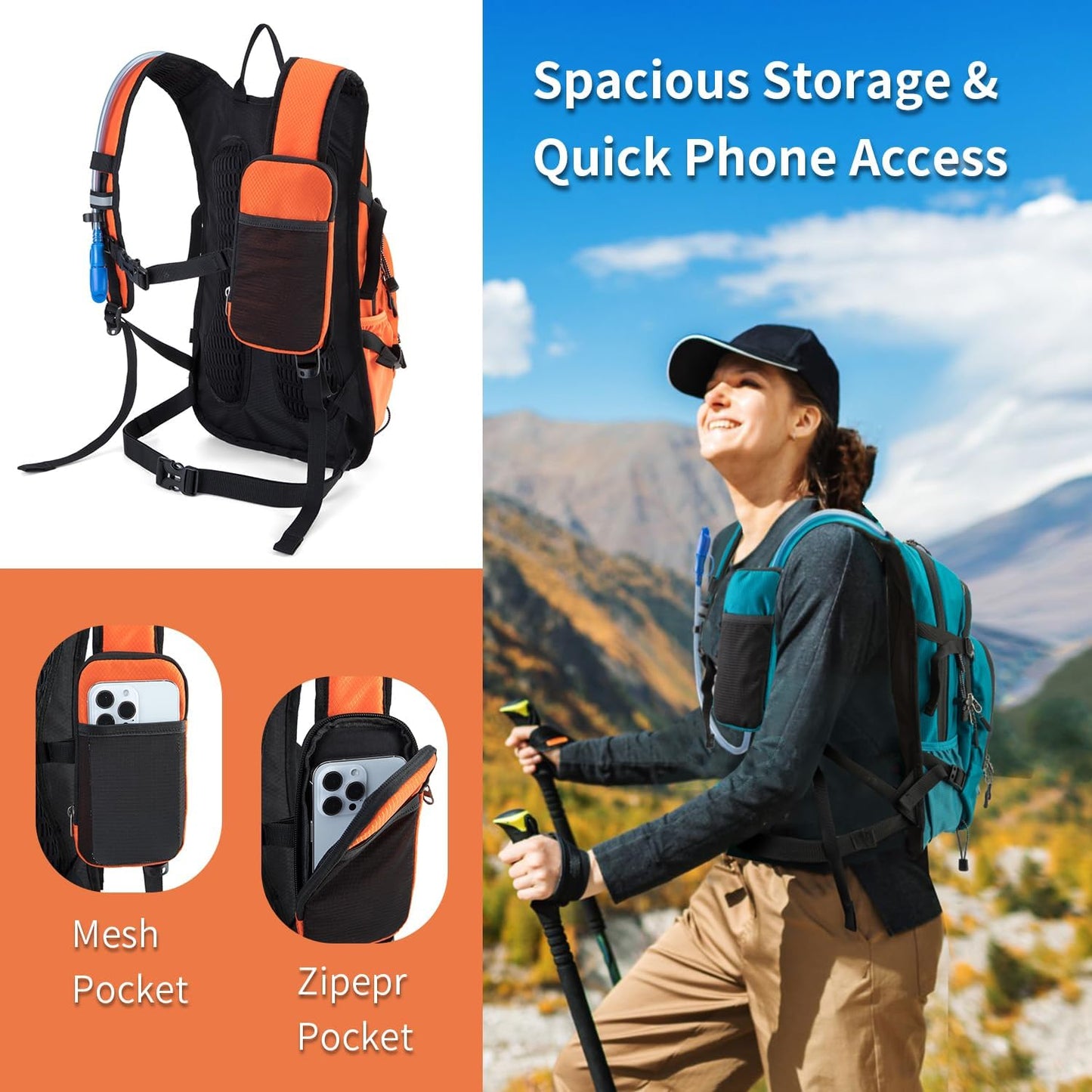 Hydration Backpack Pack with 2L Water Bladder 18L Hiking Backpack Women Men Lightweight Hydropack Insulated Daypack for Biking, Running, Festival - Roamly