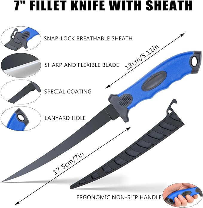 Fishing Tool Kit, 12 Pieces Fishing Gear, Fishing Pliers with Lanyard, Fillet Knife, Fish Lip Gripper, Fly Ice Fishing Hook Knotter, Anti-Cutting Gloves