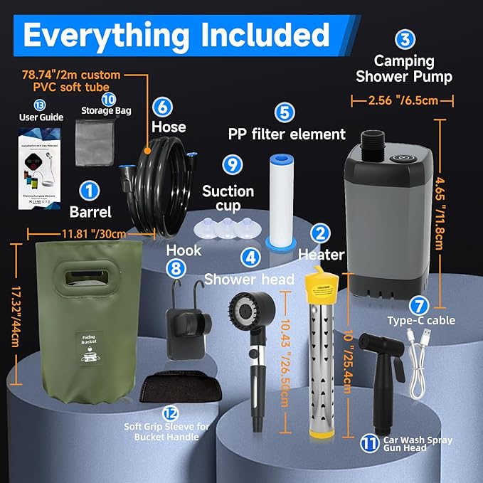 Portable Shower for Camping with Heater, Portable Camping Shower Pump with 6000mAh Battery, 1500W Water Heater, 5.3Gal Foldable Bucket, Digital Display Outdoor Shower for Camping, Beach, RV