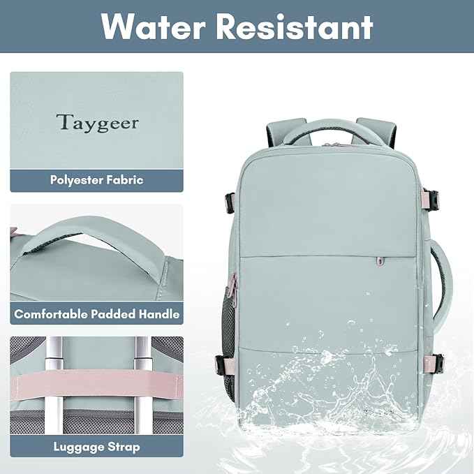 Taygeer Carry On Backpack for Women, TSA Approved Underseat Personal Item with 17.3 inch Laptop Compartment, Cute Daypack for Hiking Outdoor Weekend, Travel Backpack with Multiple Pockets, Powder Blue