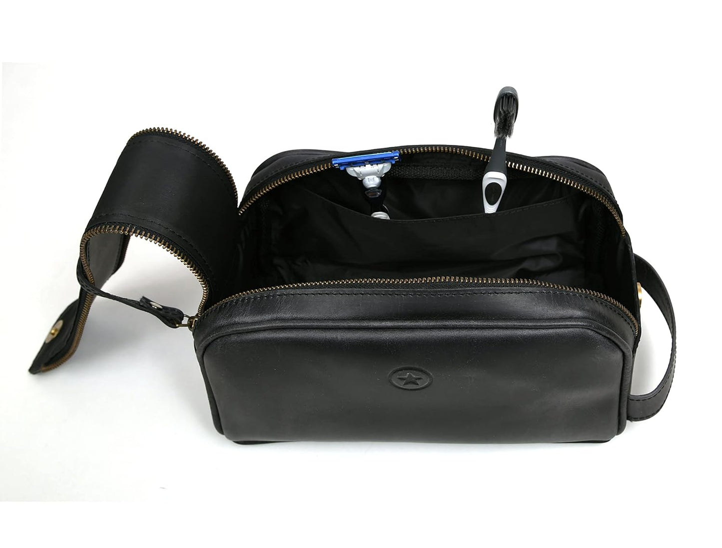 10" Premium Leather Toiletry Travel Pouch With Waterproof Lining Black Color | King-Size Handcrafted Vintage Dopp - Kit ~ Gift for Father's Day By Aaron Leather Goods - Roamly