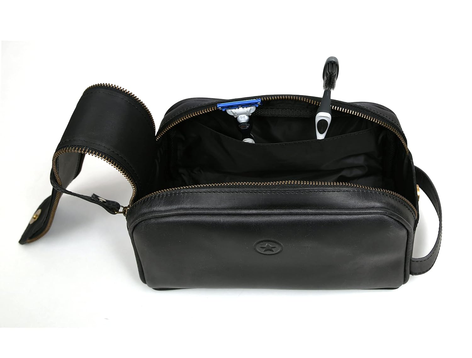 10" Premium Leather Toiletry Travel Pouch With Waterproof Lining Black Color | King-Size Handcrafted Vintage Dopp - Kit ~ Gift for Father's Day By Aaron Leather Goods - Roamly