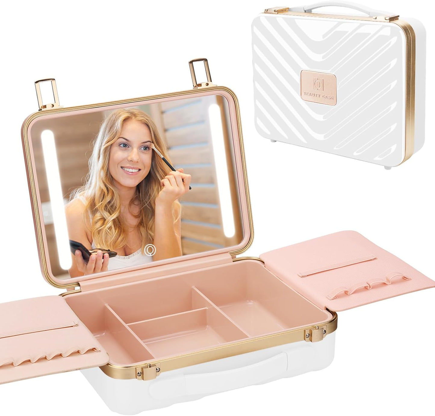 Kalolary Travel Makeup Train Cases with Lighted Mirror 3 Color Setting, Makeup Bag Cosmetic Case Organizer Adjustable Brightness Portable Makeup Storage Box For Makeup Brushes Accessories Tools,White