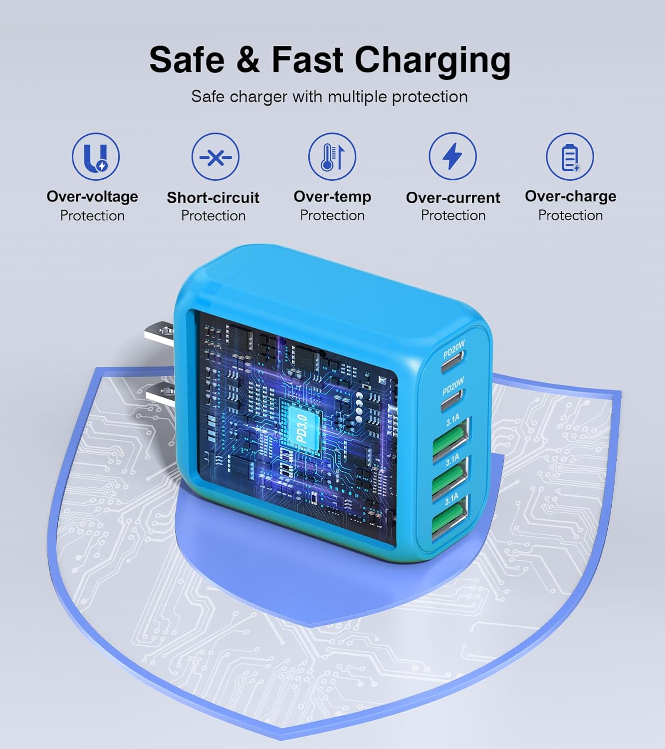 2-Pack USB C Wall Charger Block,50W 5-Port C Charger Fast Charging Block PD Power Adapter +QC 3.0 Multiport Type C Box Charger Cube USB A Wall Plug for iPhone 16/15/14/13 Pro Max,Samsung Galaxy(Blue) - Roamly