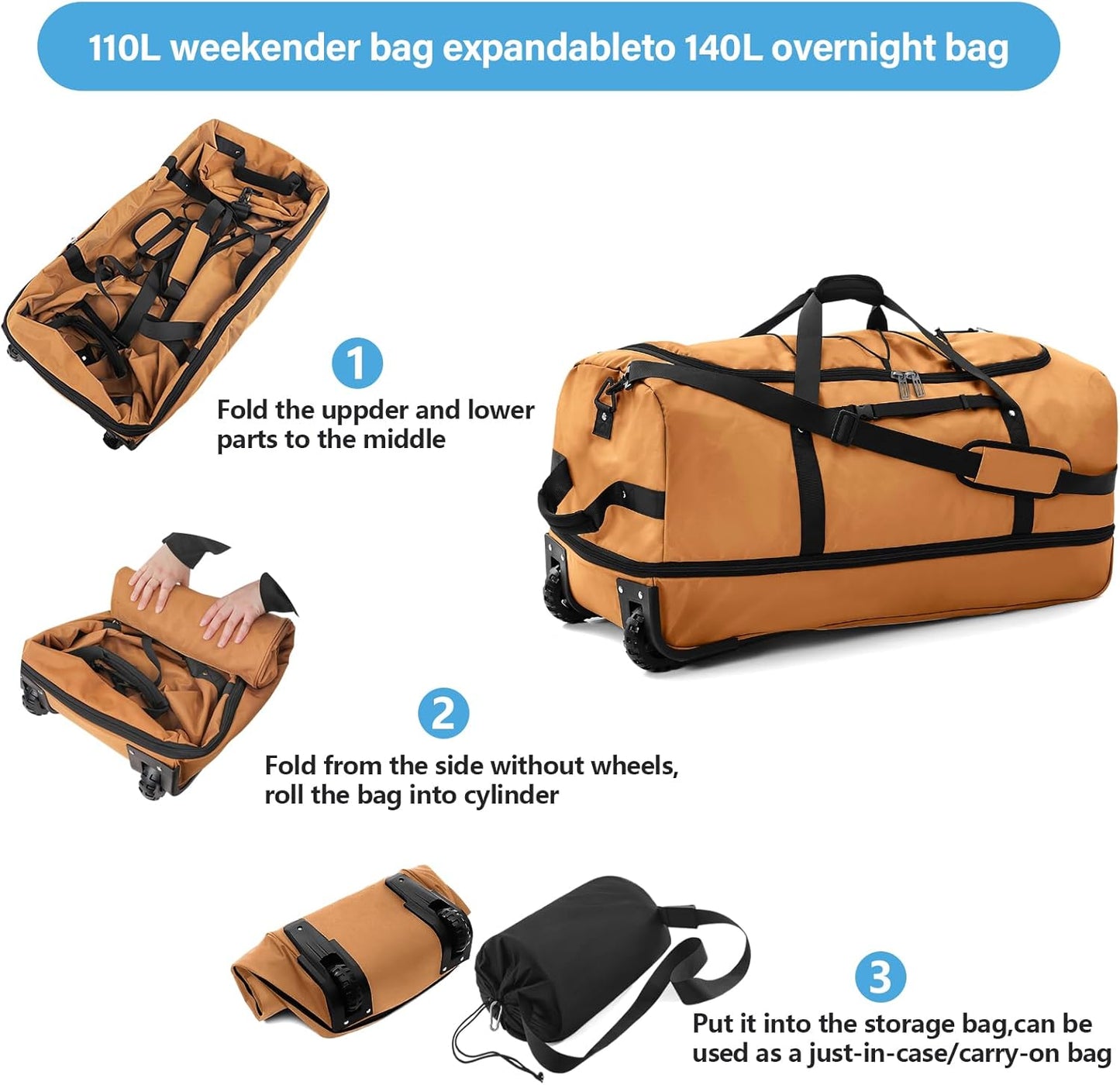 Vomgomfom Wheeled Collapsible Duffel Bag,110L-140L Expandable Checked Luggage, No-Telescopic-Handle with Anti-Burst Zipper & Reinforced Frame,Brown - Roamly