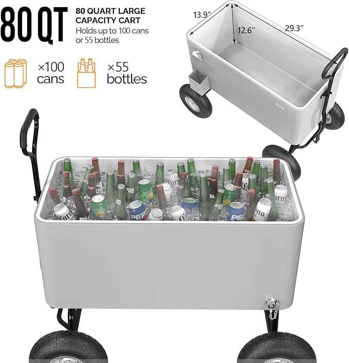 VINGLI 80 Quart Wagon Rolling Cooler Ice Chest, w/Long Handle and 10" Wheels, Portable Beach Patio Party Bar Cold Drink Beverage, Outdoor Park Cart on Wheels