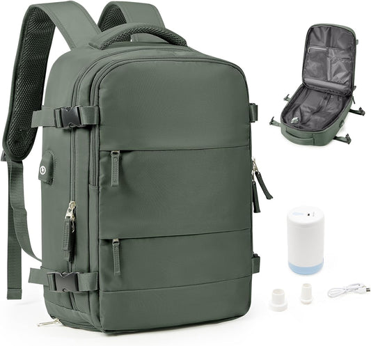 Vacuum Backpack Travel Laptop Backpacks For Women Men Carry On Backpack With Vacuum Compression Bags Seal Packing Personal Item Travel Bag Vacpack Backpacks With Pump Olive Green - Roamly
