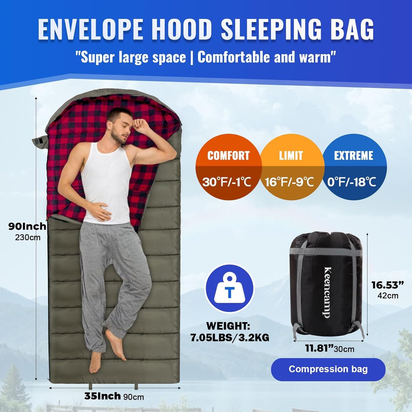 0 Degree Sleeping Bag Cotton Flannel Winter Cold Weather for Adults XXL Sleeping Bag 4 Season Big and Tall with Pillow Compression Sack