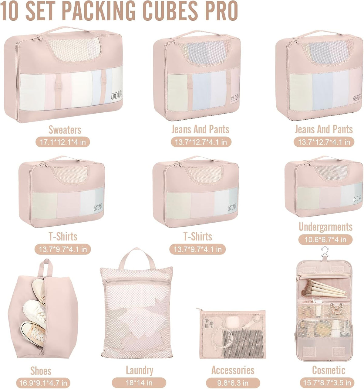 Veken 10 Set Packing Cubes for Travel, Beach Vacation Essentials Accessories for Cruise Ship, Suitcase Organizer Bags for Luggage with Hanging Toiletry & Shoe Bag, Birthday Gifts for Women Mom Her - Roamly