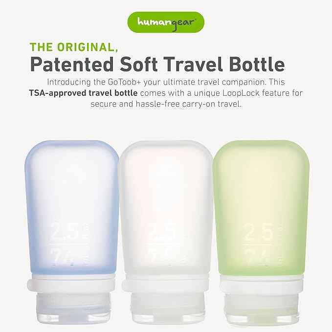 humangear GoToob+ 3-Pack (Medium) | Refillable Silicone Travel Bottle | Locking Lid | Food-Safe Material, Clear/Green/Blue, Medium (2.5 fl.oz.; 74ml)