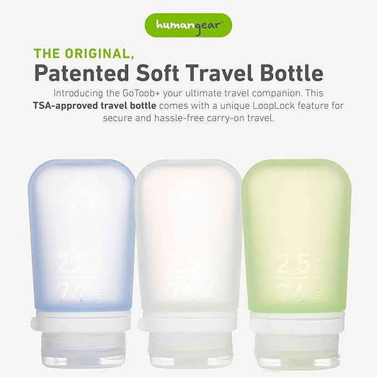 humangear GoToob+ 3-Pack (Medium) | Refillable Silicone Travel Bottle | Locking Lid | Food-Safe Material, Clear/Green/Blue, Medium (2.5 fl.oz.; 74ml)
