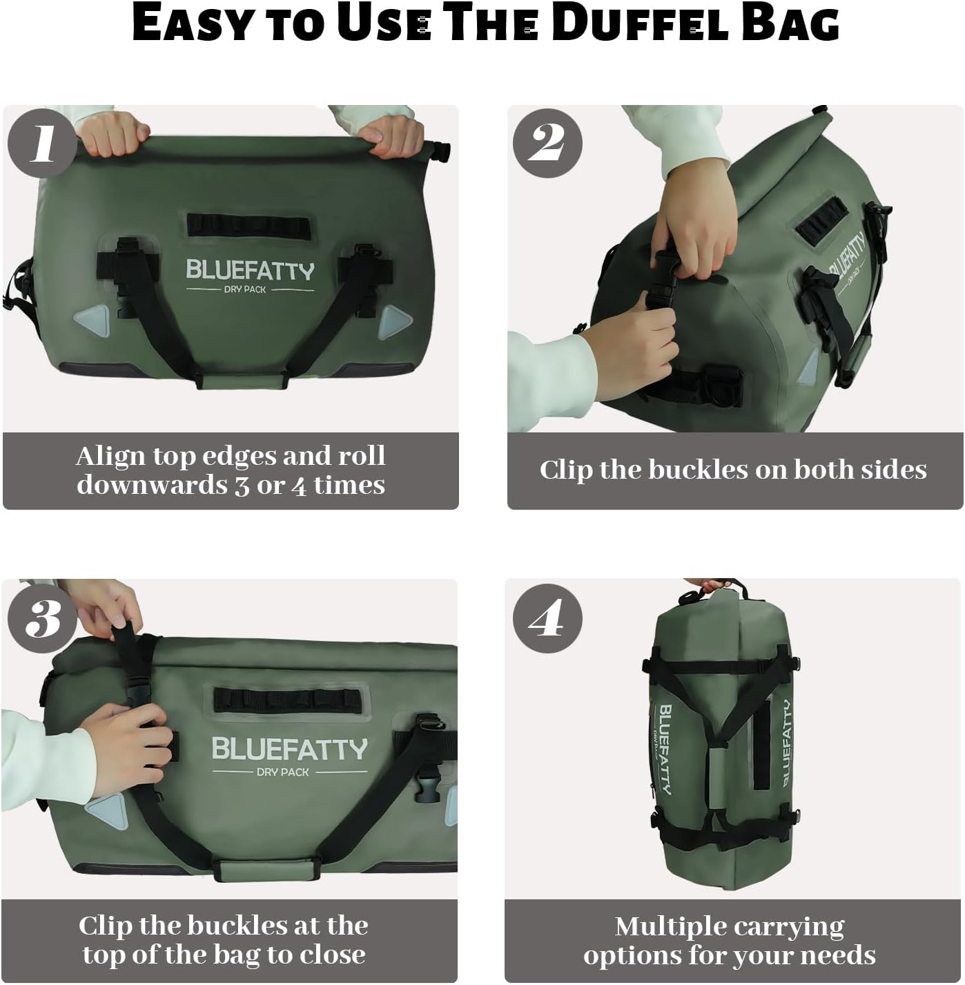 Waterproof Motorcycle Duffel Bag Roll Top Dry Duffel Bag with Quick-fixed Straps for Rafting, Boating, Kayaking, Travel, 50L(Army Green) - Roamly