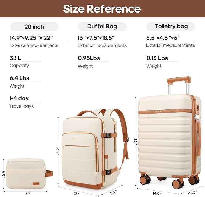 UKEIN Luggage Sets 3 Piece, Carry On Luggage 20In With Spinner Wheels,PC Hardside Suitcase Set with TSA Lock,Durable Carry On Suitcase With Travel Backpack for Men (Cream, 3 piece set (BP/20inch))