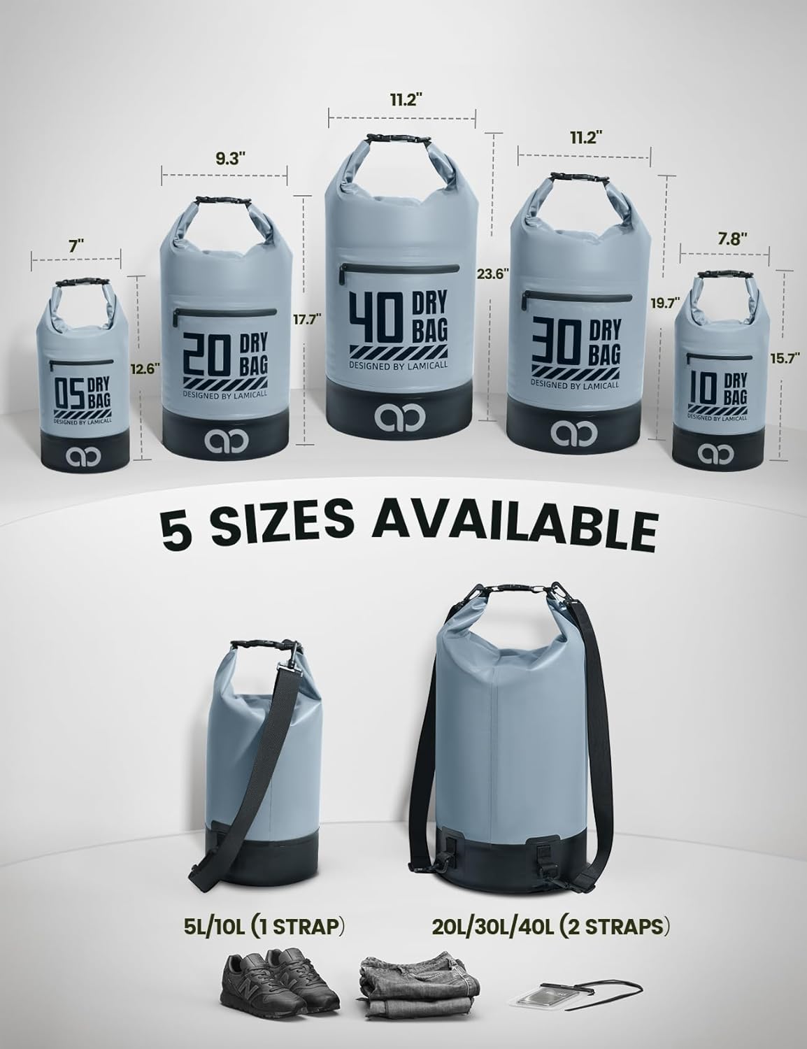 Lamicall Dry Bag Waterproof Backpack - [Zippered Pocket] 5L/10L/20L/30L/40L Roll Top Waterproof Bag with Water Proof Phone Pouch, Floatable Drybag for Swimming, Boating, Kayaking, Camping, Beach