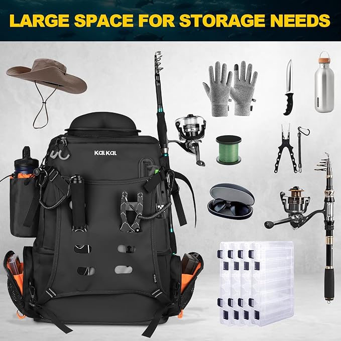 Kalkal Fishing Tackle Backpack, 51L Water-Resistant Fishing Backpack with Cooler & 4 Rod Holder, Sunglasses Pocket, Fishing Tackle Bag Storage Fishing Gear, Fishing Gifts for Men Father