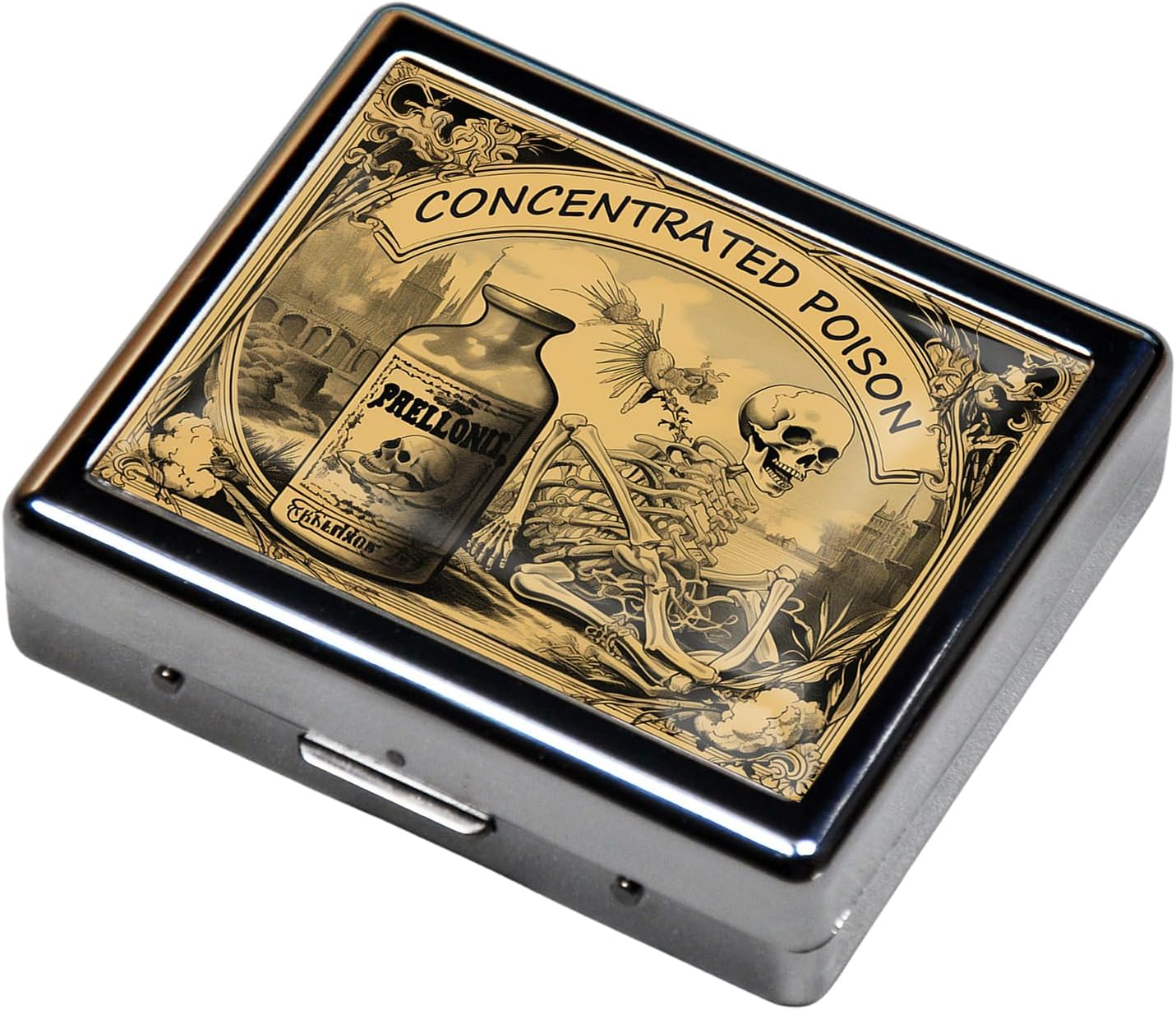 Silver Vintage Pill Box 7 Day Metal Pill Box with Mirror and 8 Compartments Cute Travel Pill Organizer for Purse (Halloween Label)