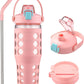 MUKOKO 32 oz Glass Tumbler with Straw,Glass Water Bottles with Time Marker,Iced Coffee Cup with 2 Lids-Handle Spout Lid&Straw Lid,Silicone Sleeve,Leakproof,1 Pack-Pink