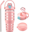 MUKOKO 32 oz Glass Tumbler with Straw,Glass Water Bottles with Time Marker,Iced Coffee Cup with 2 Lids-Handle Spout Lid&Straw Lid,Silicone Sleeve,Leakproof,1 Pack-Pink