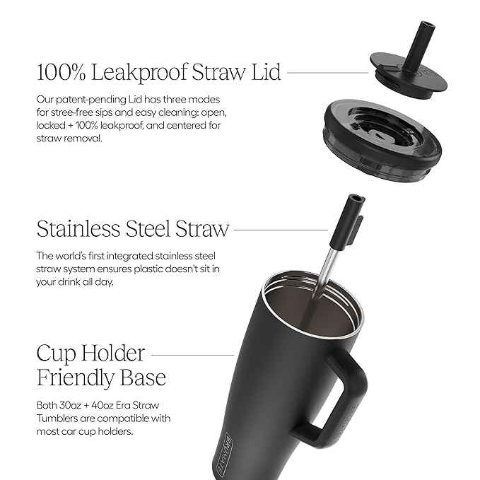 BrüMate Era 30 oz Tumbler with Handle and Straw | 100% Leakproof Insulated Water Bottle Tumbler with Lid and Flexible SoftSip Straw | Made of Stainless Steel | Cup Holder Friendly | 30oz (Matte Black)
