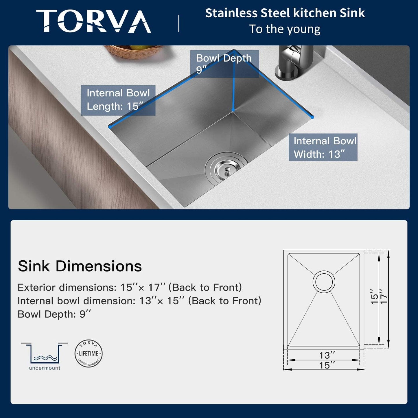 TORVA 15 x 17 Inch Undermount Kitchen Sink, Premium 304 Stainless Steel Bar Sink - 9 Inches Deep Basin Single Bowl Sink