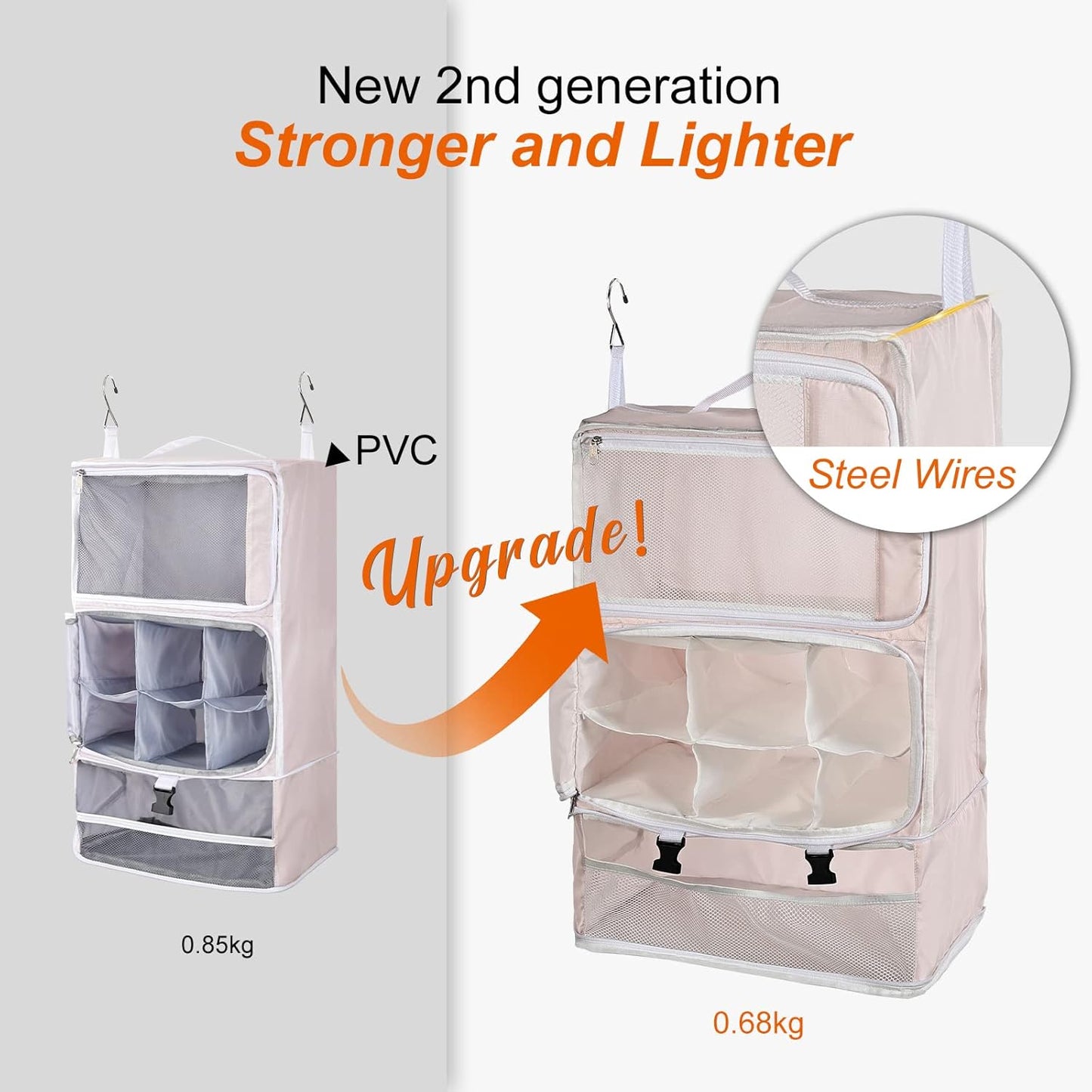 TABITORA Travel Portable Hanging Shelves Closet Organizer Packing Luggage Storage with Multifunctional and Foldable Invisible Compartment,Lightweight, for Suitcase, RV,Closet…Pink,XXL