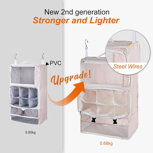 TABITORA Travel Portable Hanging Shelves Closet Organizer Packing Luggage Storage with Multifunctional and Foldable Invisible Compartment,Lightweight, for Suitcase, RV,Closet…Pink,XXL