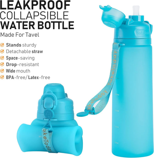 TakeToday Collapsible Water Bottles 20oz, Leak Proof, BPA-Free, Foldable Silicone Travel Water Bottle with Straw Strap for Cycling, Hiking, Outdoors
