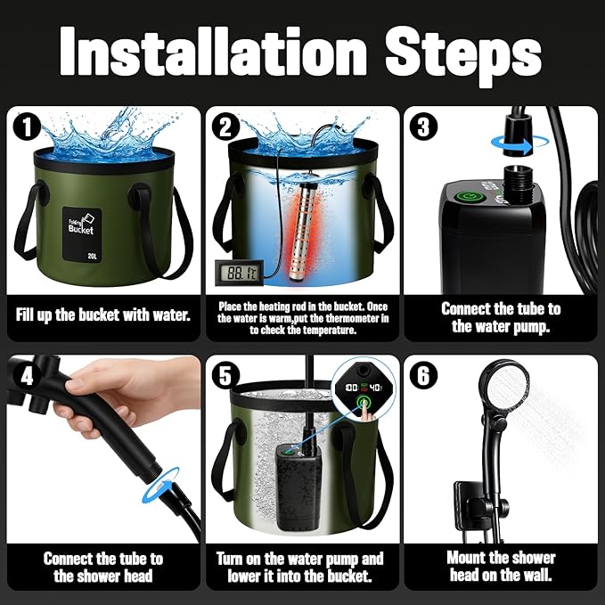 Portable Camping Shower, 6000mAh Rechargeable Shower Pump, Large Capacity Foldable Bucket, 6' 7" Filtered Shower Head, Summer Beach, Outdoor Camp Showering, Hiking, Pet Bath, RV Car Wash, Water Plant