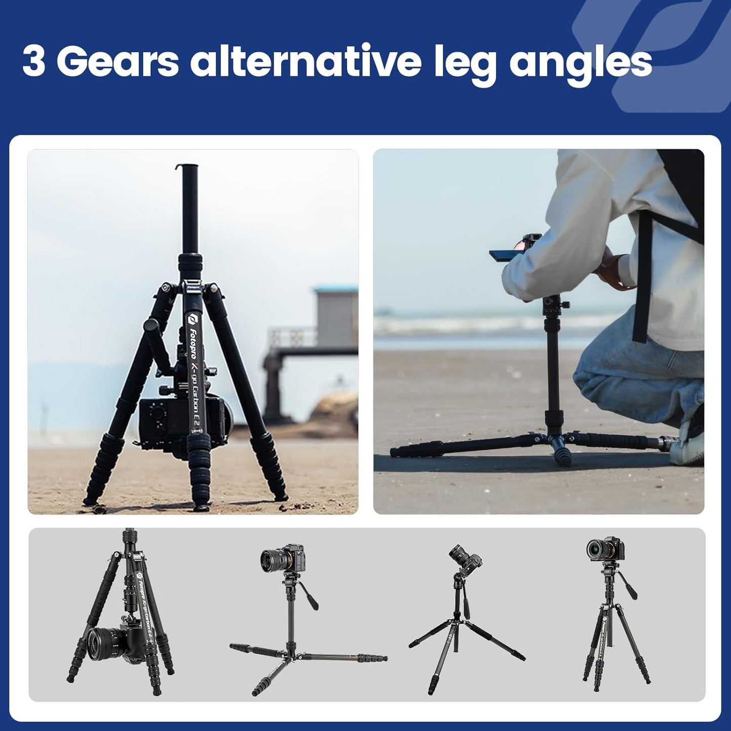 Fotopro 59" Carbon Fiber Travel Tripod, Compact Video Tripods with Fluid Head, Detachable Monopod with Quick Release Plate and Bag, Camera Tripod Load up to 8KG/17.63lbs
