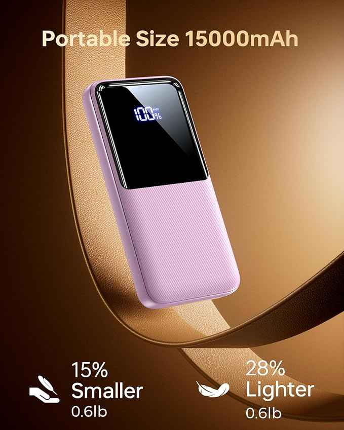 Portable Charger Power Bank - 15,000mAh Battery Pack Portable Phone Charger with Built in Cable 22.5W Fast Charging Powerbank Compatible with iPhone Android Samsung Phone, Lavender
