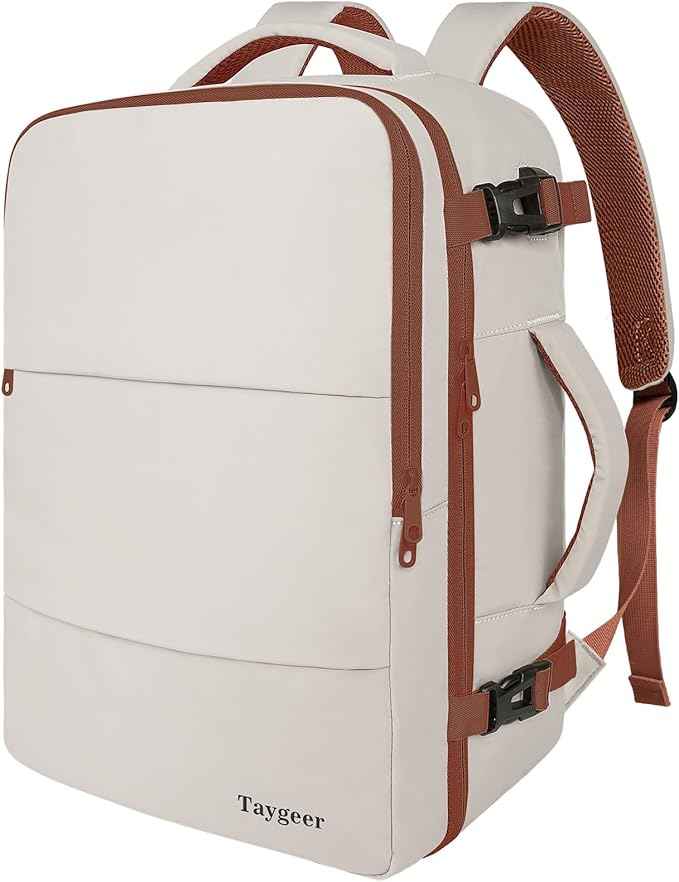 Taygeer Backpack for Women, College Backpack with Laptop Compartment & Shoe Pouch, 35l Travel Laptop Mochila Carry On Luggage, Airline Approved Personal Item Bag For Weekender Gym Hiking, Khaki White