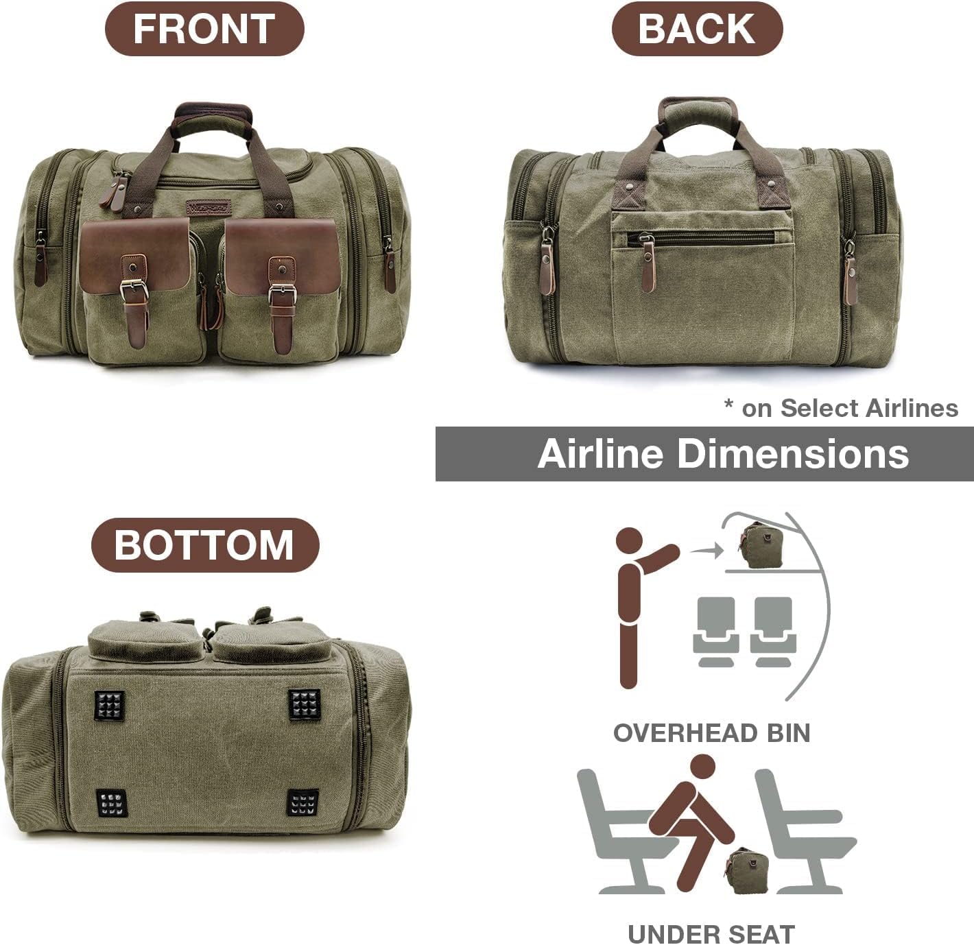 Wildroad 60L Travel Duffel Bag, Expandable Canvas Genuine Leather Duffle Bag Upgraded Overnight Weekender Bag Carry on Bag - Roamly