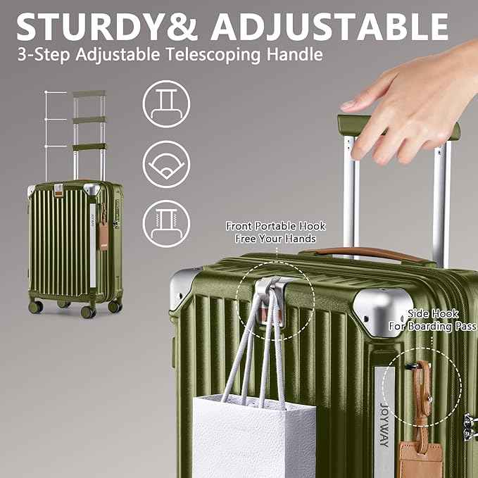 Joyway 20in Carry On Luggage with Cup Holder and USB Port, 25% Expandable Capacity, Smart Suitcase with Anti Slip Wheels and Handbag, Perfect for Men and Women 3 Piece Set DarkGreen