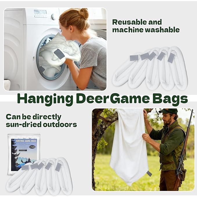 Game Bags Elk Hunting Meat Bags 5 Pack, 4 Pack 48" & 1 Pack 28" Stretchable and Reusable Rolled Heavy Duty Quarter Bags with Reflective Labels for Elk, Caribou, Deer, Moose, Antelope, Duck