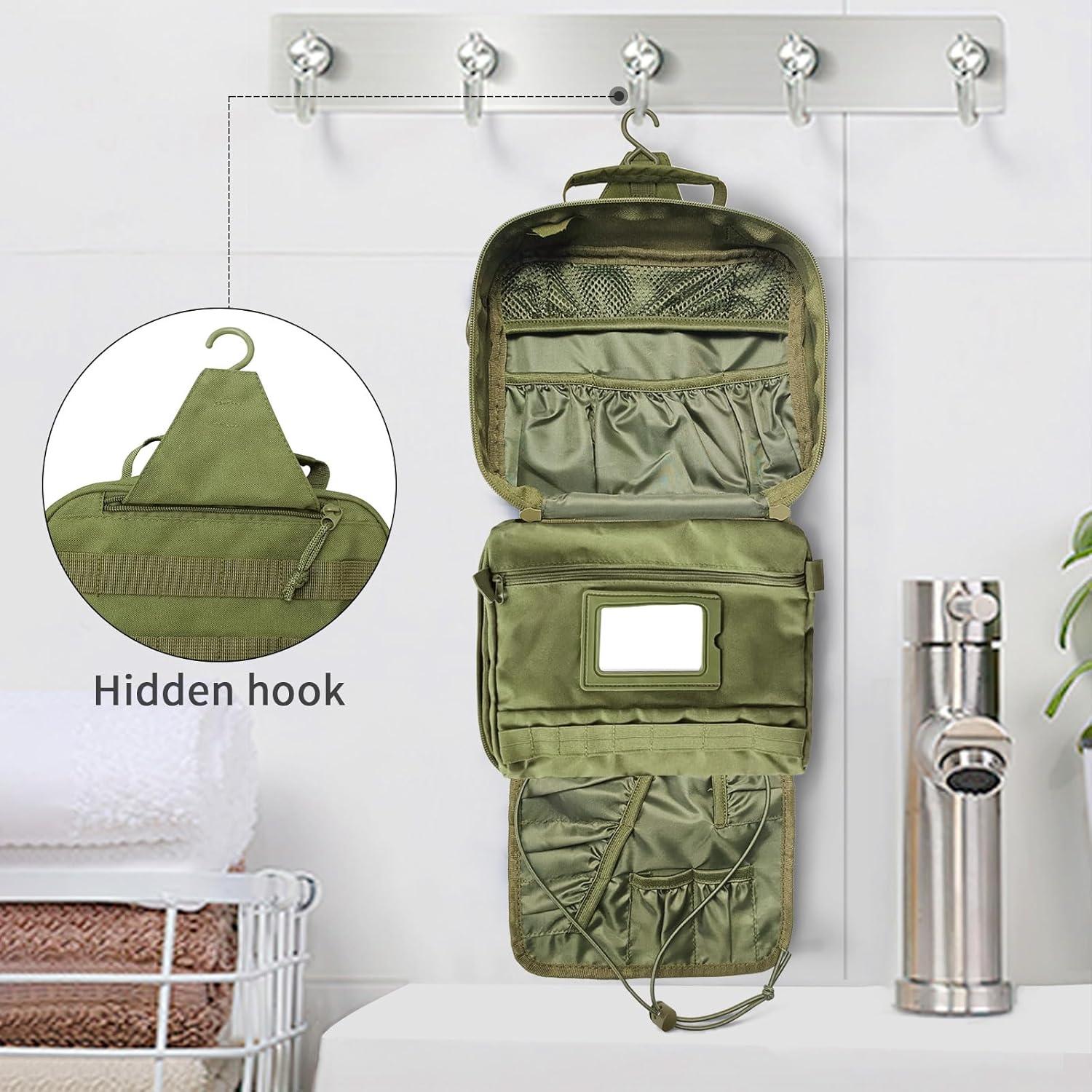 Travel Toiletry Bag for Men, Hanging Toiletry Bag, Portable Organizer Dopp Kit Shaving Bag for Toiletries Tactical Accessories Essentials - Army Green - Roamly