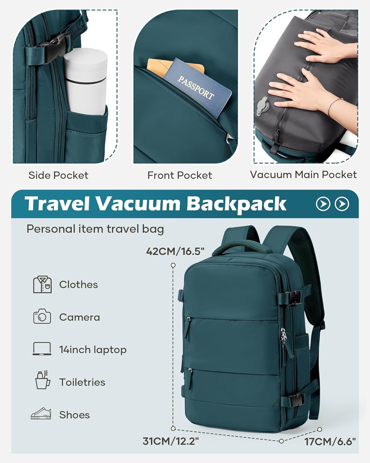 Vacuum Backpack Travel Laptop Backpacks For Women Men Carry On Backpack With Vacuum Compression Bags Seal Packing Personal Item Travel Bag Vacpack Backpacks Without Pump Peacock Blue - Roamly