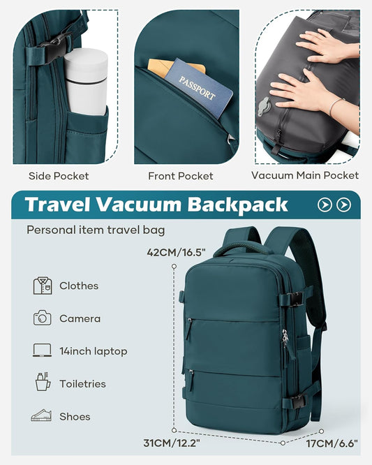 Vacuum Backpack Travel Laptop Backpacks For Women Men Carry On Backpack With Vacuum Compression Bags Seal Packing Personal Item Travel Bag Vacpack Backpacks Without Pump Peacock Blue - Roamly