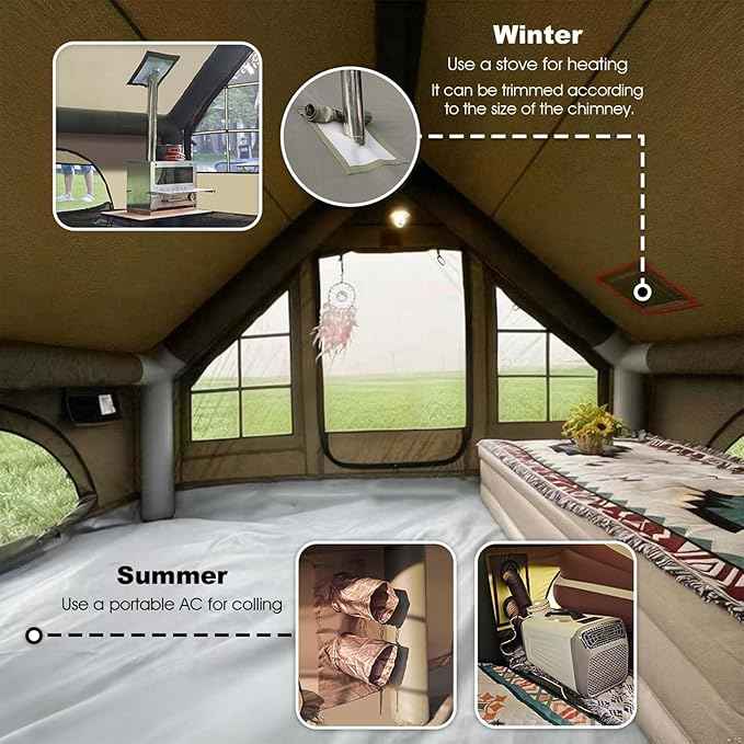 Inflatable Camping Tents 8-10 Person,129 Square Feets Large Inflatable Camping Tent with Stove Jack,Blow up Tent with Mesh Windows & Pump