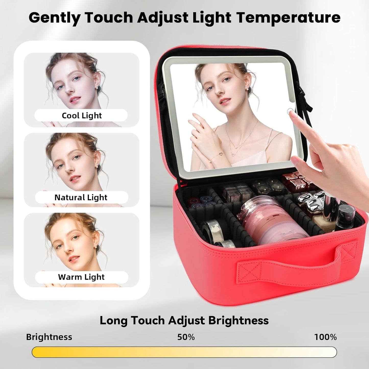Travel Makeup Bag with LED Mirror and Light Makeup Travel Bag Organizer Portable Cosmetic Brush Organizer Bag with Adjustable Dividers for Cosmetics Makeup Brushes Toiletry (Light Red)
