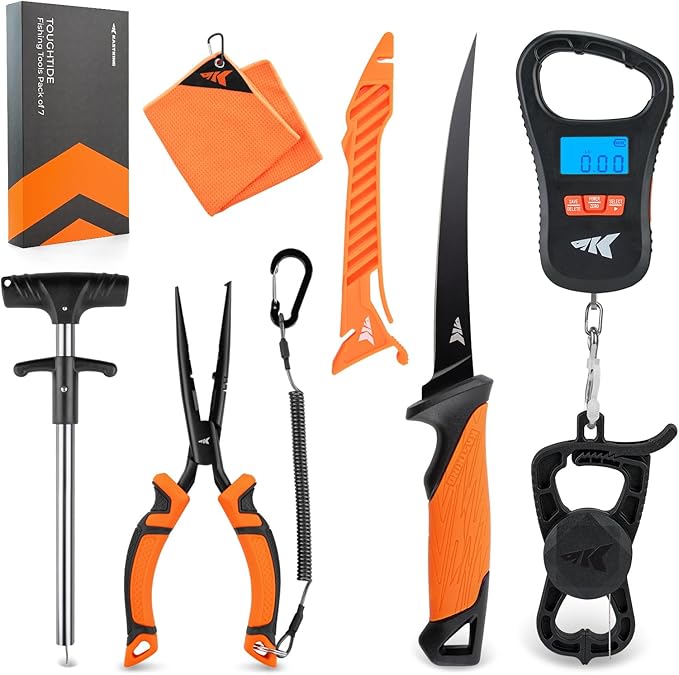 KastKing ToughTide Fishing Tool Kit, Rechargeable Digital Fish Scale with Lip Grip & Tape Measure, 7” Fillet Knife with Sheath & Sharpener, 8” Split Ring Fishing Pliers